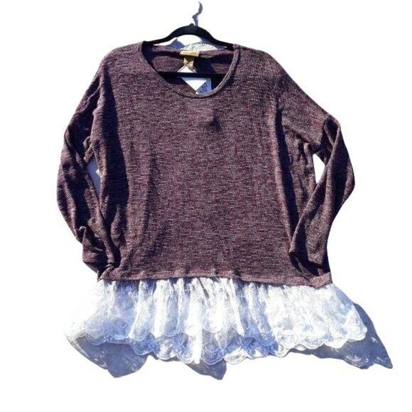 90's Wrangler Western Grunge Marled Knit Oversized Tunic Top  Lace Hem Wine Sz S - Picture 1 of 12